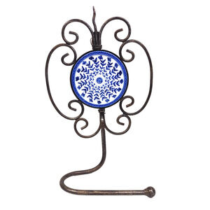 VTG Silver Metal and Ceramic Relief Hand Towel Holder Scrolled Hanging 12" Tall